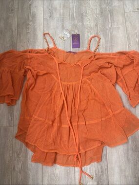 $200 Sundance, Oversized mesh with wooden details floaty Off-Shoulder top